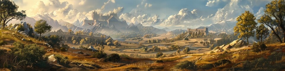Fantasy Castle in Autumnal RPG Landscape for Game Design and Storytelling Backgrounds - obrazy, fototapety, plakaty
