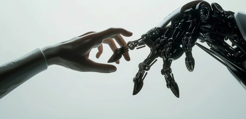 The direct contact between the robot arm and the skin arm of artificial intelligence technology, the future scene of scientific and technological elements - obrazy, fototapety, plakaty