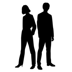 Vector silhouettes of  man and a woman, a couple standing   business people, profile, black olor isolated on white background