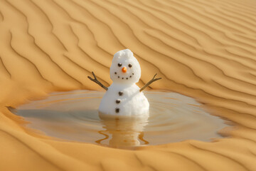 Happy smiling snowman standing in a desert in a puddle of water - 784635973