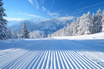 Skiing in beautiful sunny Austrian Alps on an empty ski slope on a sunny winter day - 784635975