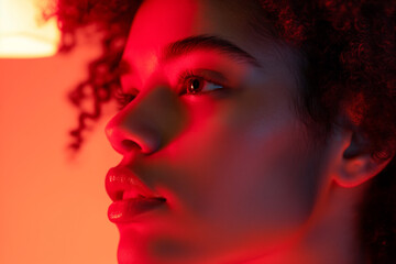 Face of a young attractive woman undergoing red light therapy, close up