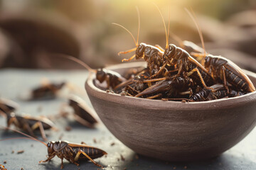 A bowl of crickets on a table - concept of eating insectes, a trendy source of protein - obrazy, fototapety, plakaty