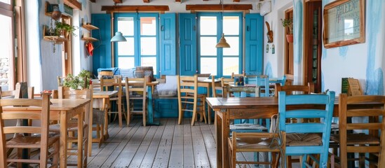 Rustic wooden furniture with simple, durable decor captures the essence of a traditional Greek Taverna. - obrazy, fototapety, plakaty