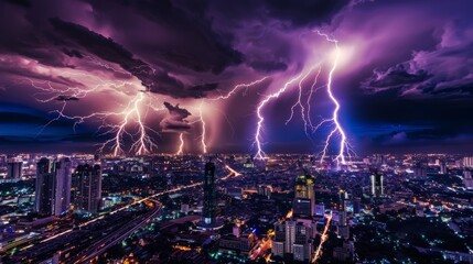 The dramatic interplay of light and shadow as a series of purple lightning strikes create a spectacular show over a sleeping city. - obrazy, fototapety, plakaty