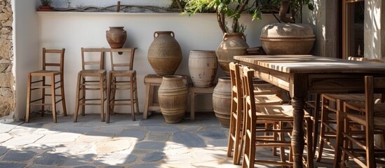 Rustic wooden furniture with simple, durable decor captures the essence of a traditional Greek Taverna. - obrazy, fototapety, plakaty