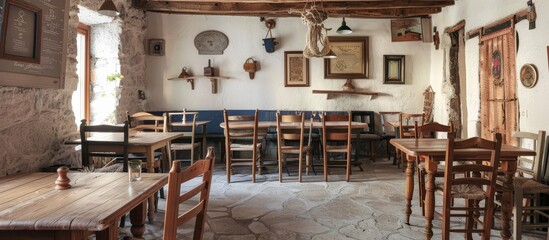 Rustic wooden furniture with simple, durable decor captures the essence of a traditional Greek Taverna.  - obrazy, fototapety, plakaty