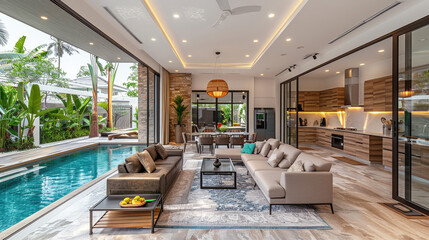 Fototapeta premium Real estate Luxury interior design pool villa in kitchen and living room area which feature island counter and furniture. 