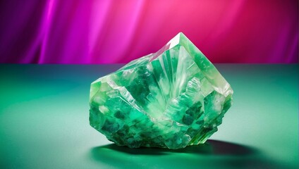 A captivating green fluorite crystal highlighted by a contrasting pink and purple gradient background