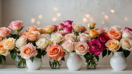 Beautiful assorted roses in soft pastels placed in simple vases, accented with twinkling background lights