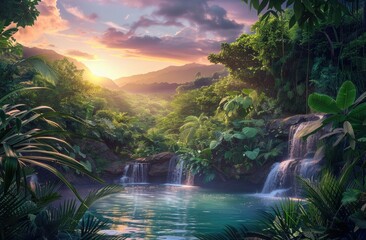 Tropical Rainforest Waterfall at Sunset - Natural Landscape for Relaxation and Adventure