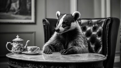 A digitally manipulated image of a badger seated for a tea party, evoking a quirky, vintage storytelling scene - obrazy, fototapety, plakaty