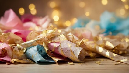 These vibrant paper streamers with gold highlights convey celebration and festive atmosphere, perfect for parties and joyful occasions - obrazy, fototapety, plakaty