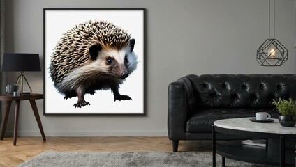 An oversized hedgehog illustration becomes the focal point in a stylish modern living room with tasteful furnishings