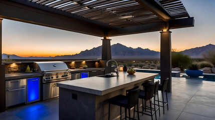 Outdoor kitchen and living area