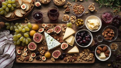 A delicious variety of cheeses with nuts, fruit, and wine, perfect for a gourmet snack or entertaining guests on a rustic wooden table - obrazy, fototapety, plakaty