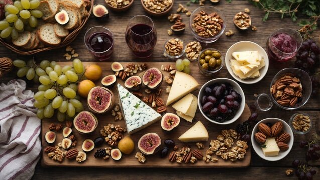 A delicious variety of cheeses with nuts, fruit, and wine, perfect for a gourmet snack or entertaining guests on a rustic wooden table