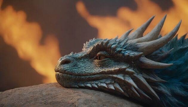 Majestic blue dragon head with flames in background