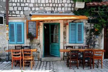 Wooden shutters and colorful awnings provide shade and privacy in Croatian coastal cafes.  - obrazy, fototapety, plakaty