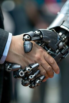 Futuristic Office Handshake: Robot and Businessperson Seal a Technology-Driven Partnership