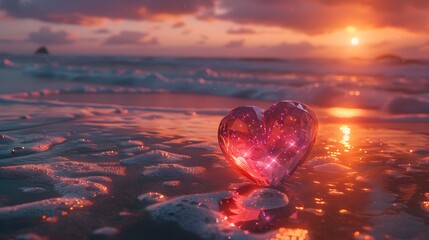 Beach Sunset Enchantment: A Heart-Shaped Crystal Casts a Romantic Glow on the Starry Coast, Evoking the Iconic Style of Van Gogh
