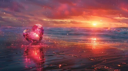 Starry Romance: A Beach Sunset Glows with the Radiant Light of a Heart-Shaped Crystal in a Van Gogh-Esque Impressionistic Landscape