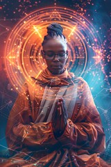 Holographic Poster Featuring a Modern African American Female Borg Monk in Meditative Prayer from the 2024 Film Sky: Borg