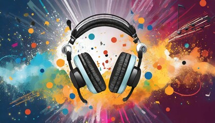 World music day banner with headset headphones on abstract colorful dust background. Music day...
