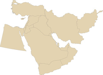 Dark brown detailed blank political map of BAHRAIN with black borders on transparent background using orthographic projection of the light brown Middle East