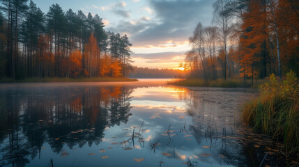 Delightful natural fall landscape with lake and reflection of yellow trees and clouds in dawn sunlight. Wallpaper.