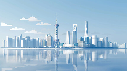 Fototapeta na wymiar Vector of Shanghai city modern city business downtown with high building skyline, along river famous destination of travel and technology in Shanghai city, China