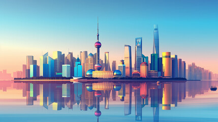 Vector of Shanghai city modern city business downtown with high building skyline, along river famous destination of travel and technology in Shanghai city, China