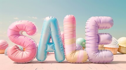 Pastel Balloon Letters Spell SALE Against Candy-Colored Sky