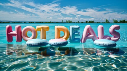 Summer Hot Deals Text Floating on Vibrant Pool Water