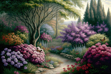 Wallpaper of a natural landscape, an outdoor garden of trees, flowers and beautiful birds, in attractive colors - used as a classic wall painting