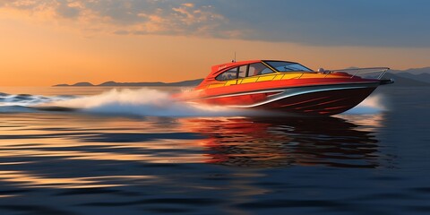 Luxury motorboat on the sea. Speedboat at sunset - obrazy, fototapety, plakaty