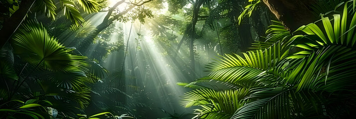 A lush, tropical rainforest with sunlight filtering through the dense canopy. - obrazy, fototapety, plakaty