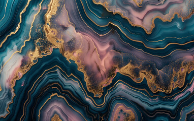 Ripple pattern layers of agate and marble background in gold, pink and blue color.  - obrazy, fototapety, plakaty