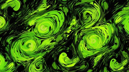 Vibrant Neon Green and Black Abstract Swirls Background