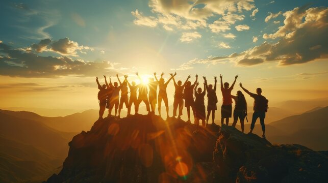 The silhouette of a large group against the setting sun on a mountaintop, their success pose reflecting a shared journey of endurance and triumph.