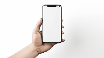 Mobile phone mockup with blank white screen in human hand, 3d render illustration put on a sweater, hold a smartphone Mobile digital device in arm isolated on white - obrazy, fototapety, plakaty