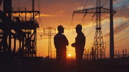 Silhouettes of two engineers standing at a power station, discussing plans, industrial, pollution, factory, environment, smoke, sky, ecology, plant, steam