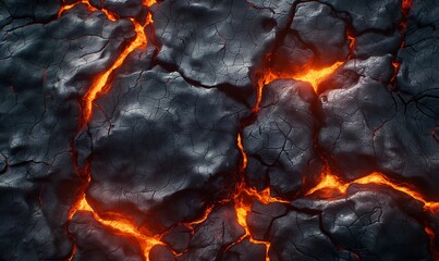 Abstract background of extinct lava with red gaps. - obrazy, fototapety, plakaty