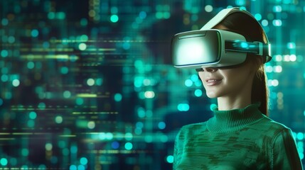 Fototapeta na wymiar Smiling businesswoman in green sweater is wearing vr helmet. Digital interface in 3d glasses. Concept of future technology, interaction and entertainment playing game in virtual reality