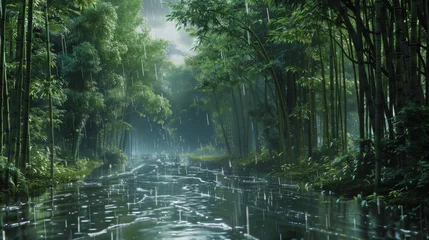 Gordijnen Rainy day, Bamboo forest. Beautiful landscape in a bamboo forest during the rain © Alina Tymofieieva