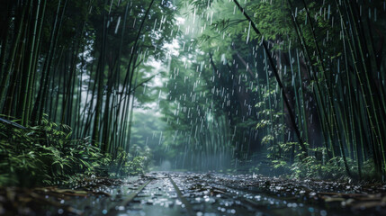 Fototapeta premium Rainy day, Bamboo forest. Beautiful landscape in a bamboo forest during the rain