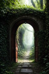 3d rendering of a fantasy doorway portal framed by green vines leading into a idyllic garden. Generative A - 784639119