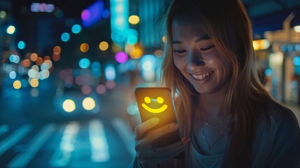  woman touching smartphone screen using smiley face emoticon with IoT internet of things and modern digital networking concept. people watching live video