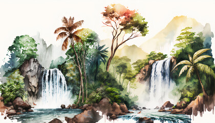 Watercolor drawing of a natural landscape of a waterfall with trees, palms and birds in their beautiful colors, parrots, sparrows and butterflies