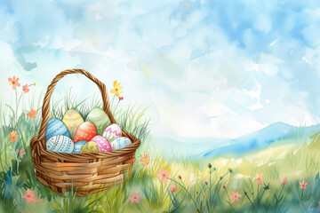 Watercolor illustration in the style of children's drawings with a basket of Easter eggs against a sunny landscape. Lots of negative space. Easter background. - 784639355